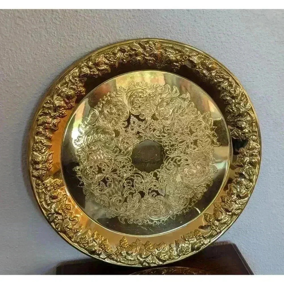 Vintage Ornate Brass Round Tray Raised Grapevine 13.75” - Picture 2 of 6